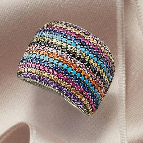 🆕 925 Sterling Silver Rainbow Cocktail Ring Bling Gemstone Statement Glam Luxury - Picture 5 of 10